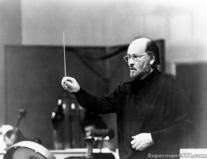 SUPERMAN THE MOVIE- Composer and Conductor John Williams during a recording session for the musical score. 1978. Anvil Film and Recording Group Inc., Denham, Bucks, England.