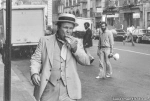SUPERMAN THE MOVIE- Ned Beatty as Otis filming the his introduction. July 8, 1977. New York, U.S. Director- Richard Donner