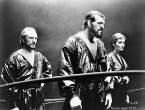 SUPERMAN THE MOVIE- Terence Stamp as General Zod, Jack O'Halloran as Non, and Sarah Douglas as Ursa. April 1977. B Stage, Shepperton Studios.