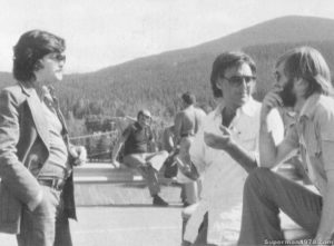 SUPERMAN THE MOVIE- Left to Right: Executive Producer Ilya Salkind, Director Richard Donner and Producer Pierre Spengler. August 1977. Kananaskis Country, Alberta, Canada.