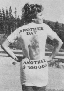 SUPERMAN THE MOVIE- Valerie Perrine models her t-shirt during the first missile hijack sequence. August 2 and 3, 1977. Kananaskis Country, Alberta, Canada.