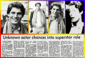 SUPERMAN THE MOVIE- Christopher Reeve announcement as Superman and Clark Kent clippings. February 23, 1977. Sardi's Restaurant, New York, U.S.