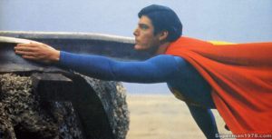 SUPERMAN THE MOVIE- Christopher Reeve as Superman. May 9, 1978. Pinewood Studios, England.