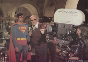 SUPERMAN THE MOVIE- Christopher Reeve as Superman, Cinematographer Geoffrey Unsworth and cameraman Peter McDonald on the Lex Luthor's lair set. September 1977. D Stage, Pinewood Studios, England.