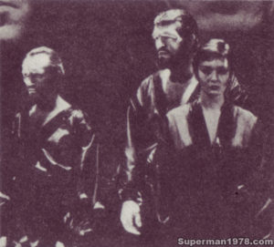 SUPERMAN THE MOVIE- Terence Stamp as General Zod, Jack O'Halloran as Non, and Sarah Douglas as Ursa. April 1977. B Stage, Shepperton Studios.