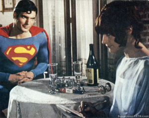 SUPERMAN THE MOVIE- Christopher Reeve as Superman, Margot Kidder as Lois Lane. October/November 1977. M Stage, Pinewood Studios, England.