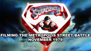 SUPERMAN II- Filming the Metropolis street battle. November 1979. Pinewood Studios backlot.