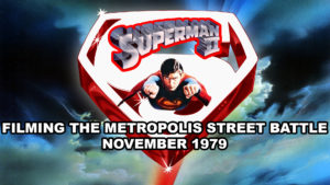 SUPERMAN II- Filming the Metropolis street battle.
November 1979. Pinewood Studios backlot.