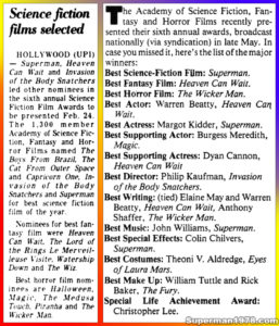 SUPERMAN THE MOVIE- Sixth Annual Science Fiction Awards articles. February 24, 1979.