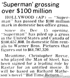 SUPERMAN THE MOVIE- Newspaper article. March 29, 1979.