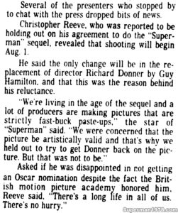 SUPERMAN II ARTICLES- Reeve lawsuit. April 11, 1979.