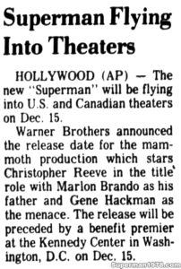 SUPERMAN THE MOVIE ARTICLE- Xmas. July 28, 1978.