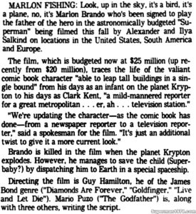 SUPERMAN THE MOVIE ARTICLE- Marlon fishing. July 10, 1976.