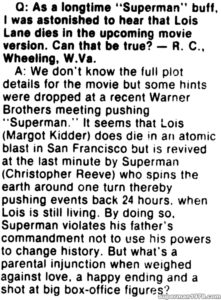 SUPERMAN THE MOVIE ARTICLE- Lois dies.
September 28, 1978.