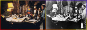 SUPERMAN THE MOVIE- Gene Hackman as Lex Luthor, Christopher Reeve as Superman, Valerie Perrine as Miss Teschmacher, Ned Beatty as Otis. September 1977. D Stage, Pinewood Studios.