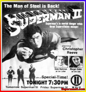 SUPERMAN II- WPIX television guide ad. April 22, 1992. Caped Wonder Stuns City!